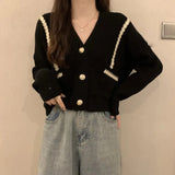 Autumn Cropped Knitting Cardigans Women Y2K Fashion Chic V Neck Patchwork Outwear Korean Loose Single Breasted All Match Sweater