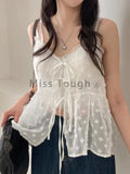 DERMEARNE French Lace Sling Elegant Mesh Tops Women Summer Fashion Stacked Design Loose Gauze Tanks Korea Vintage Outwear Camis New