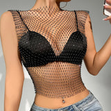 Dermearne  fishing net top, popular summer Amazon diamond flash diamond women's short sleeved vest in Europe and America
