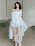 Dermearne 2024 Spring New Elegant Sleeve Fairy Dresses For Women Fashion Casual Sexy Party Long Korean Sweet White Midi Dress