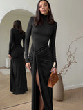 DERMEARNE Sibybo High Slit Bandage Sexy Maxi Dress Women 2025 Fashion Turtleneck Long Sleeve Package Hip Long Dresses Vestido Elegant
