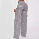 DERMEARNE Silver Metallic Gilding Y2K Cargo Pants Women Fashion Button Fly High Waist Multi Pockets Loose Casual Straight Trousers