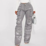 DERMEARNE Silver Metallic Gilding Y2K Cargo Pants Women Fashion Button Fly High Waist Multi Pockets Loose Casual Straight Trousers