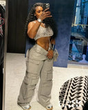DERMEARNE Silver Metallic Gilding Y2K Cargo Pants Women Fashion Button Fly High Waist Multi Pockets Loose Casual Straight Trousers