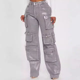 DERMEARNE Silver Metallic Gilding Y2K Cargo Pants Women Fashion Button Fly High Waist Multi Pockets Loose Casual Straight Trousers