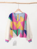 DERMEARNE Sleeve Patchwork Female Sweaters 2024 Elegant Casual Lady Top Hollow Out Colorful Kint Cardigan Women Sweater Autumn Long Puff