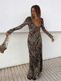 DERMEARNE Slim Fit Hollow Lace Up Striped Women's Midi Dress Sexy V-neck Long Sleeved Printed Vestidos Female 2024 Vaction Street Robes