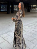 DERMEARNE Slim Fit Hollow Lace Up Striped Women's Midi Dress Sexy V-neck Long Sleeved Printed Vestidos Female 2024 Vaction Street Robes