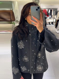 DERMEARNE Snowflake Sequin Woolen Short Coats Women Casual Loose Stand Collar Coat Female 2025 Autumn Winter Chic High Street Outwear Tops