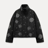 DERMEARNE Snowflake Sequin Woolen Short Coats Women Casual Loose Stand Collar Coat Female 2025 Autumn Winter Chic High Street Outwear Tops