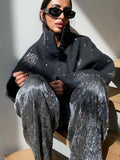 DERMEARNE Snowflake Sequin Woolen Short Coats Women Casual Loose Stand Collar Coat Female 2025 Autumn Winter Chic High Street Outwear Tops