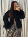 DERMEARNE Solid Elegant Women's Spliced Feather Cuffs Cotton Coat Fashion Lace Up O-neck Full Sleeve Jackets 2024 Chic Lady Street Outwear