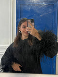 DERMEARNE Solid Elegant Women's Spliced Feather Cuffs Cotton Coat Fashion Lace Up O-neck Full Sleeve Jackets 2024 Chic Lady Street Outwear