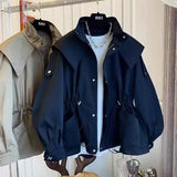 Dermearne Spring Autumn Oversized Casual Waterproof Khaki Windbreaker Women Long Sleeve Hood Drawstring Zipper Jacket