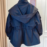 Dermearne Spring Autumn Oversized Casual Waterproof Khaki Windbreaker Women Long Sleeve Hood Drawstring Zipper Jacket