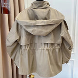 Dermearne Spring Autumn Oversized Casual Waterproof Khaki Windbreaker Women Long Sleeve Hood Drawstring Zipper Jacket