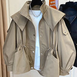 Dermearne Spring Autumn Oversized Casual Waterproof Khaki Windbreaker Women Long Sleeve Hood Drawstring Zipper Jacket