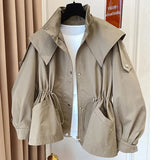 Dermearne Spring Autumn Oversized Casual Waterproof Khaki Windbreaker Women Long Sleeve Hood Drawstring Zipper Jacket
