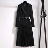 DERMEARNE Spring Autumn Women's Dresses 2024 New Fashion Suit Collar Stitching Fake Two-Piece Elegant Lady Office Long Dress Vestidos