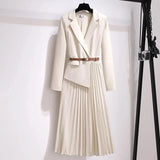 DERMEARNE Spring Autumn Women's Dresses 2024 New Fashion Suit Collar Stitching Fake Two-Piece Elegant Lady Office Long Dress Vestidos