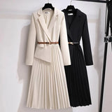 DERMEARNE Spring Autumn Women's Dresses 2024 New Fashion Suit Collar Stitching Fake Two-Piece Elegant Lady Office Long Dress Vestidos