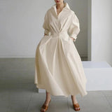DERMEARNE Spring Dress Long Sleeve Solid Color Cotton Linen Elegant Maxi Dresses For Women 2024 Casual V Neck Shirt Party Long Dress Robe