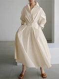 DERMEARNE Spring Dress Long Sleeve Solid Color Cotton Linen Elegant Maxi Dresses For Women 2024 Casual V Neck Shirt Party Long Dress Robe