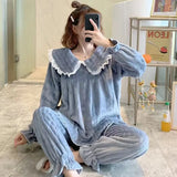 Dermearne Square Collar Women Pajamas Set Winter Sleepwear Fleece Velvet 2 Piece Pant Home Suit Fluffy Korean Solid Piiama Warm Night Wear
