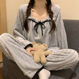 Dermearne Square Collar Women Pajamas Set Winter Sleepwear Fleece Velvet 2 Piece Pant Home Suit Fluffy Korean Solid Piiama Warm Night Wear