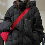 DERMEARNE Streetwear Winter Pleated Warm Women Hooded Jacket Harajuku Zippers Loose Casual Tops 2024 All Match Pocket Y2k Aesthetic Coat