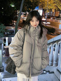 DERMEARNE Streetwear Winter Pleated Warm Women Hooded Jacket Harajuku Zippers Loose Casual Tops 2024 All Match Pocket Y2k Aesthetic Coat