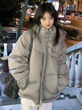 DERMEARNE Streetwear Winter Pleated Warm Women Hooded Jacket Harajuku Zippers Loose Casual Tops 2024 All Match Pocket Y2k Aesthetic Coat