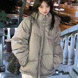 DERMEARNE Streetwear Winter Pleated Warm Women Hooded Jacket Harajuku Zippers Loose Casual Tops 2024 All Match Pocket Y2k Aesthetic Coat