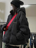 DERMEARNE Streetwear Winter Pleated Warm Women Hooded Jacket Harajuku Zippers Loose Casual Tops 2024 All Match Pocket Y2k Aesthetic Coat