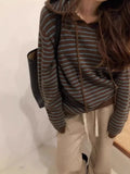 DERMEARNE Stripe Hooded Sweater Women's Y2k Aesthetic Autumn Drawstring Clothing Fashion Casual Streetwear Knitted Oversized Pullovers