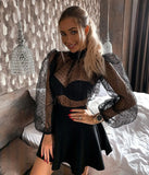 DERMEARNE Summer Sexy Thin Mesh Women Polka Dot Sheer See-through Tops Bikini Cover-Ups Puff Long Sleeve Blouse Shirts Beachwear Loose Top