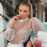 DERMEARNE Summer Sexy Thin Mesh Women Polka Dot Sheer See-through Tops Bikini Cover-Ups Puff Long Sleeve Blouse Shirts Beachwear Loose Top