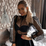 DERMEARNE Summer Sexy Thin Mesh Women Polka Dot Sheer See-through Tops Bikini Cover-Ups Puff Long Sleeve Blouse Shirts Beachwear Loose Top