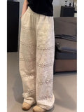 DERMEARNE Summer Thin Lace Hollow Out Women's Wide-Legged Pants Loose Hollow Thin Casual Straight Pants