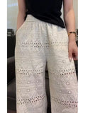 DERMEARNE Summer Thin Lace Hollow Out Women's Wide-Legged Pants Loose Hollow Thin Casual Straight Pants
