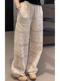 DERMEARNE Summer Thin Lace Hollow Out Women's Wide-Legged Pants Loose Hollow Thin Casual Straight Pants