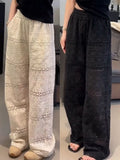 DERMEARNE Summer Thin Lace Hollow Out Women's Wide-Legged Pants Loose Hollow Thin Casual Straight Pants