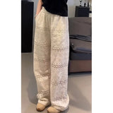 DERMEARNE Summer Thin Lace Hollow Out Women's Wide-Legged Pants Loose Hollow Thin Casual Straight Pants