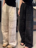 DERMEARNE Summer Thin Lace Hollow Out Women's Wide-Legged Pants Loose Hollow Thin Casual Straight Pants
