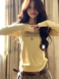 DERMEARNE Sweet Y2k Aesthetic Long Sleeve Women T-shirt Vintage Letter Print Trendy Tshirts Autumn Slim Fashion Bottoming Tee Shirts Femme