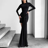 DERMEARNE Talenza Fashion Bandage Slim Dress Women's Fashion Long Sleeve Round Neck Dress Solid Color Ribbon Patchwork Slim Party Dress
