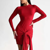 DERMEARNE Talenza Fashion Bandage Slim Dress Women's Fashion Long Sleeve Round Neck Dress Solid Color Ribbon Patchwork Slim Party Dress
