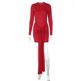 DERMEARNE Talenza Fashion Bandage Slim Dress Women's Fashion Long Sleeve Round Neck Dress Solid Color Ribbon Patchwork Slim Party Dress