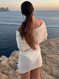 DERMEARNE Tossy Knitted Hollow Blouse Mini Dress Women's Summer Sexy Row Neck Slim Long Sleeve Solid Color Hip Beach Vacation Mini Dress