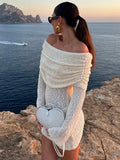 DERMEARNE Tossy Knitted Hollow Blouse Mini Dress Women's Summer Sexy Row Neck Slim Long Sleeve Solid Color Hip Beach Vacation Mini Dress